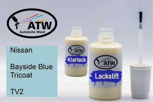 Nissan, Bayside Blue Tricoat, TV2: 20ml Lackstift + 20ml Klarlack - Set, von ATW Autoteile West.